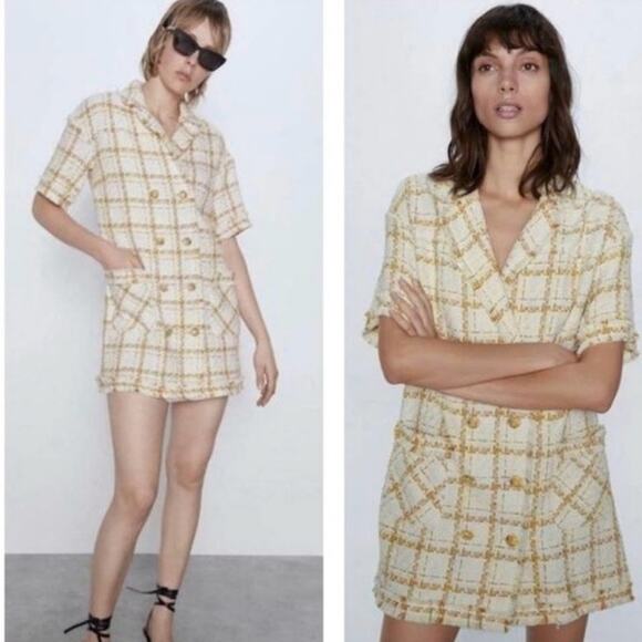 Zara Dresses & Skirts - Zara Yellow Tweed Double Breasted Plaid Blazer Dress Size Medium